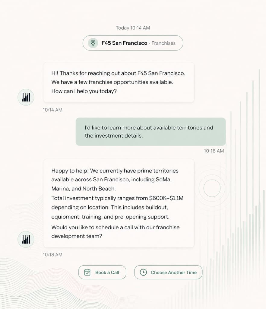 AI agent SMS conversation qualifying a franchise lead and offering booking options